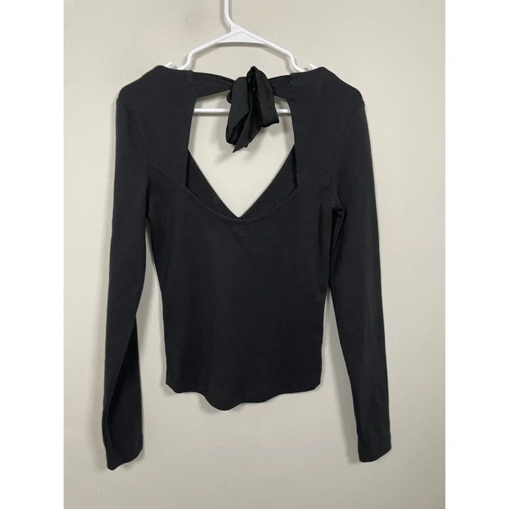Free People Black V-Neck Open Tie Back Long Sleeve Size Small Casual Essential